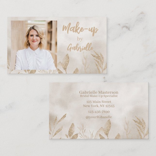 Modern Beige Botanical Boho Photo Script  Visitenkarte (Vorne/Hinten)