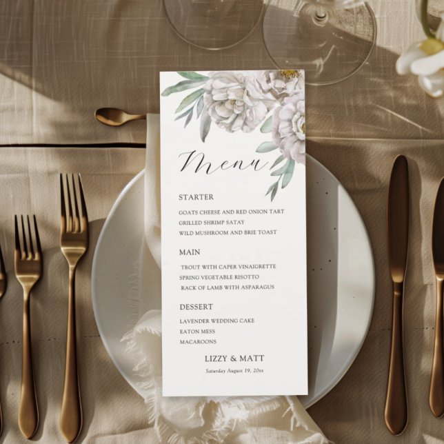  Modern beige & Off White Floral Wedding Menu Menükarte (Von Creator hochgeladen)
