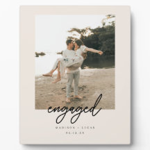 Modern Beige Script "Engaged" Photo