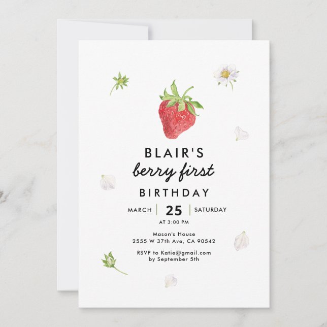 Modern Berry First Birthday Strawberry Thema Einladung (Vorderseite)
