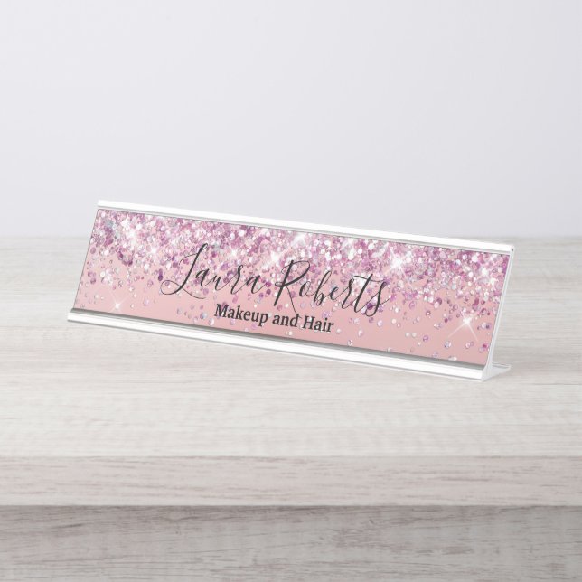 Modern Beruflich Blush Pink Sparkone Glitzer D Schreibtischnamensplakette (Vorderseite )