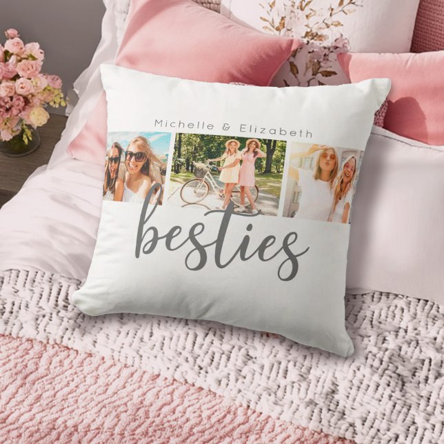 Modern Best Friends Besties FotoCollage Kissen (A simple cute 3 photo besties, best friend pillow. Personalize it with your favorite photos.)