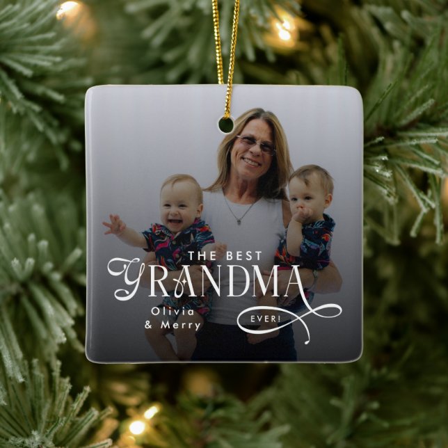 Modern Best Grandma Ever Photo Personalized Keramikornament (Baum)