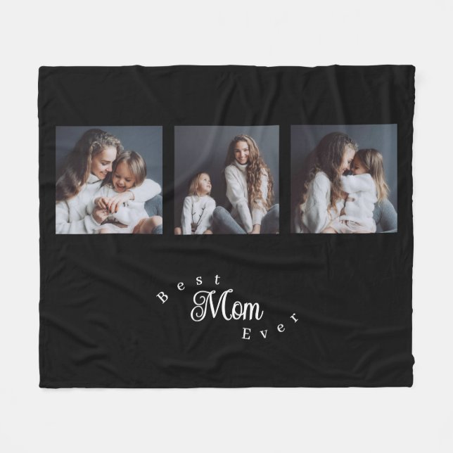 Modern Best Mom Ever Elegant Script Black 3 Photo Fleecedecke (Vorderseite (Horizontal))