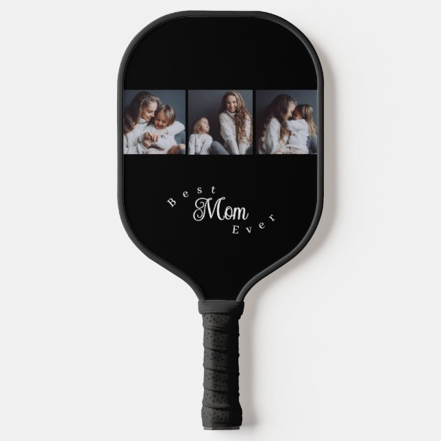 Modern Best Mom Ever Elegant Script Black 3 Photo Pickleball Schläger (Vorderseite)