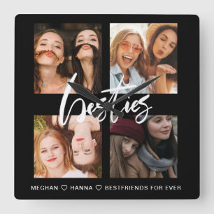 Modern Besties black photo collage best friends Quadratische Wanduhr