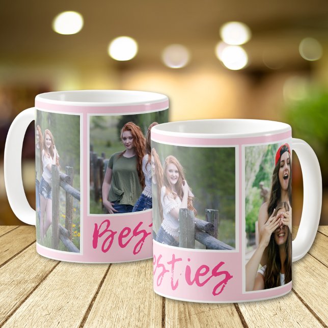 Modern Besties Typography 3 Photo Collage Pink Kaffeetasse (Von Creator hochgeladen)