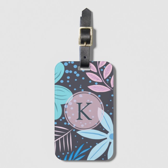 Modern Big Blue Blume Muster Pink Monogram Gepäckanhänger (Vorderseite Vertikal)
