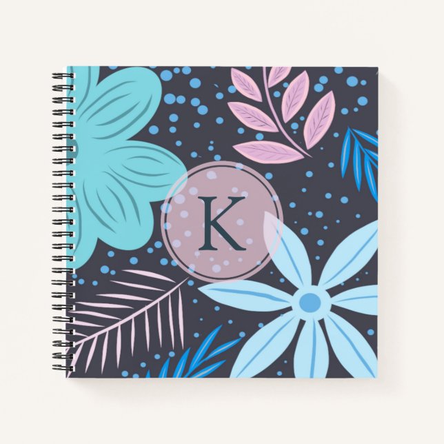 Modern Big Blue Blume Muster Pink Monogram Notizbuch (Vorderseite)
