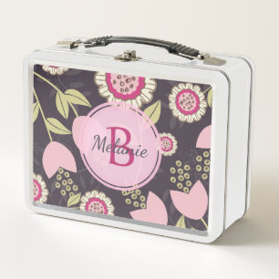 Modern Big Pink Floral Tulip Muster Monogramm Metall Brotdose