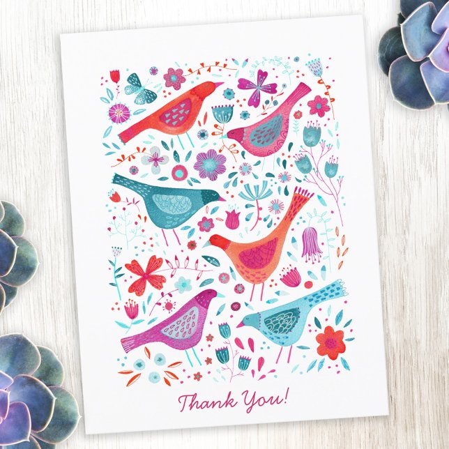 Modern Bird Floral Watercolor Vielen Dank Postkarte (Modern watercolor bird thank you postcard)