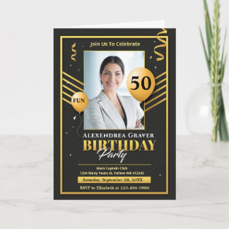 Modern Birthday Gold Black 50. Foto Party Karte