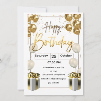 Modern Birthday Invitation Card with Golden Balloo Einladung