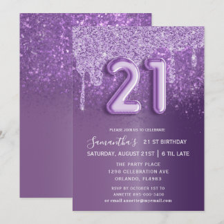 Modern Birthday Lila Glitzer Balloon Einladung