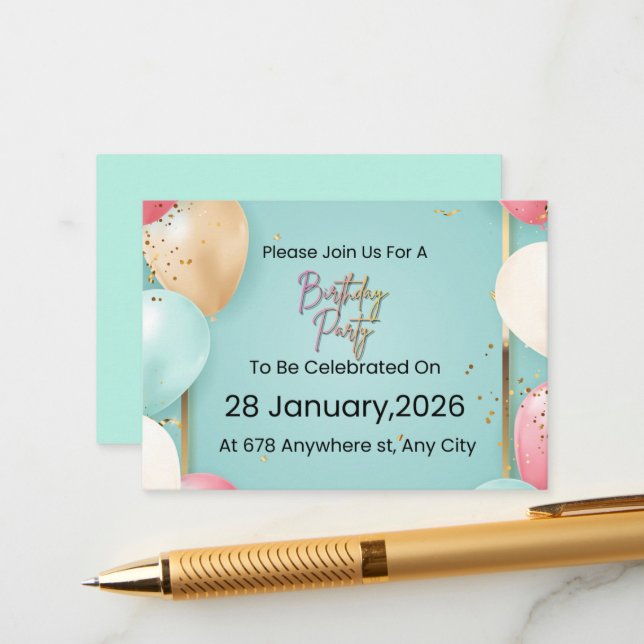  Modern Birthday Party Invitation || Customizable  Begleitkarte (Vorderseite/Rückseite Beispiel)