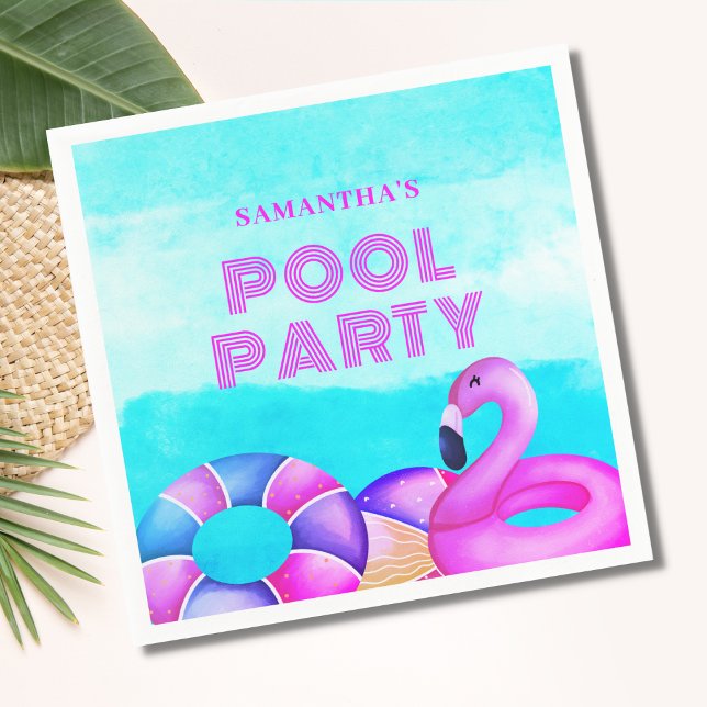 Modern Birthday Pool Party Pink Flamingo Napkins Serviette (Von Creator hochgeladen)