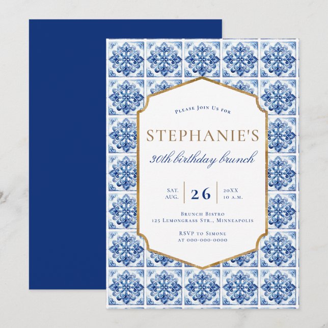 Modern Bistro Brunch Rahmen Blue Tile 30. Geburtst Einladung (Vorne/Hinten)