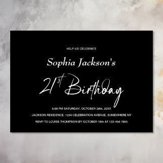 Modern Black 21. Geburtstag Party Einladung