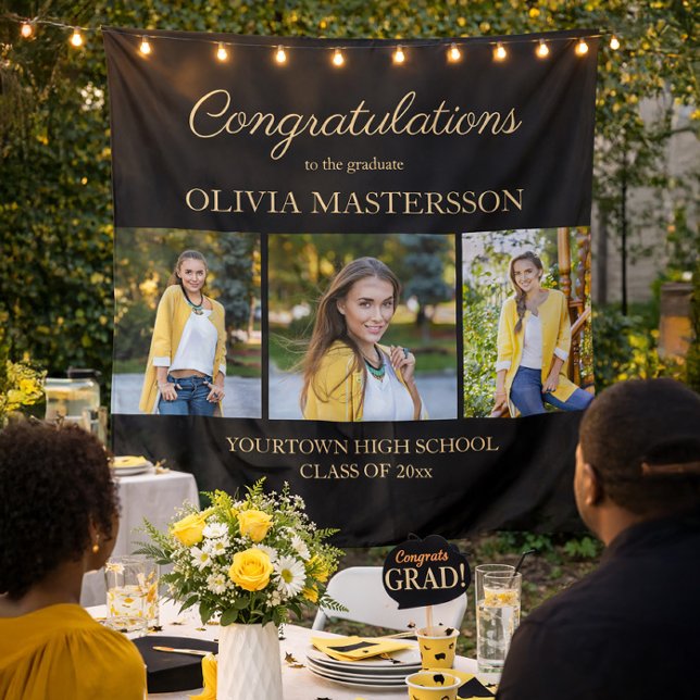 Modern Black 3 Foto Abschluss Herzlichen Glückwuns Wandteppich (Black 3-photo graduation party tapestry)