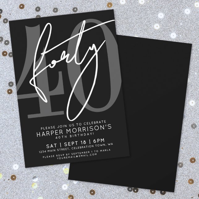 Modern Black 40th Birthday Party Invitation Einladung (Modern Black 40th Birthday Party Invitation)