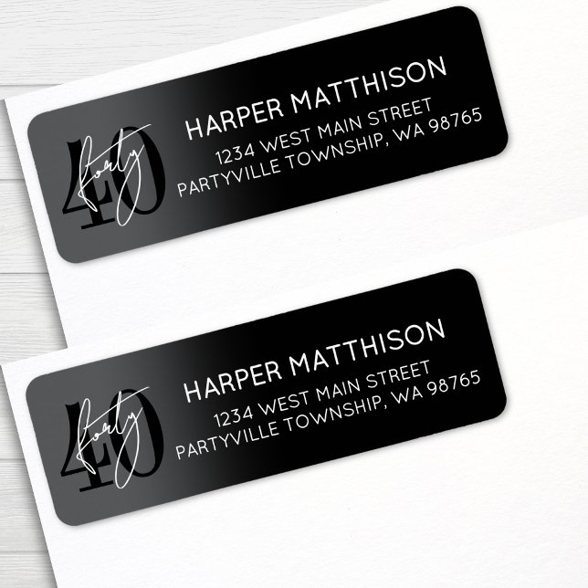 Modern Black 40th Birthday Party Return Address (Modern Black 40th Birthday Party Return Address label)