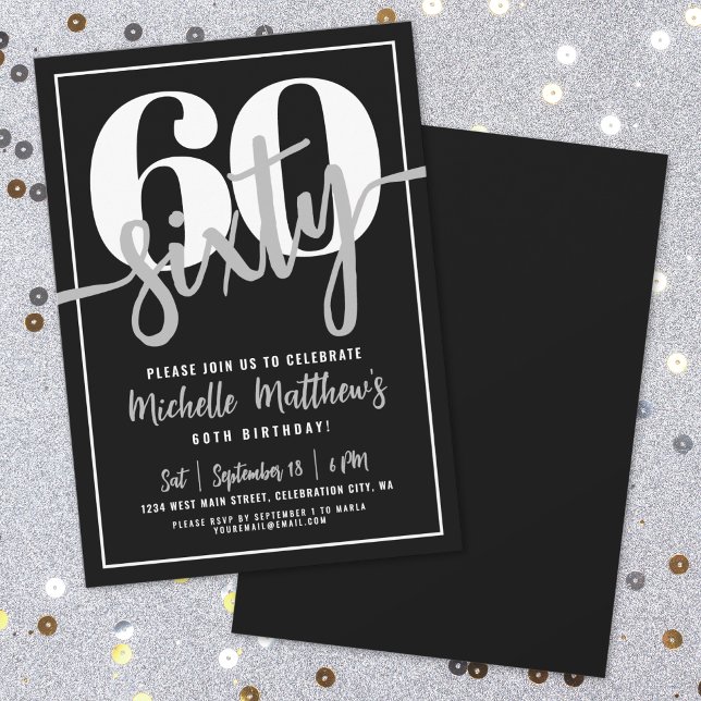 Modern Black 60. Geburtstagsparty Einladung (Modern Black 60th Birthday Party Invitation )