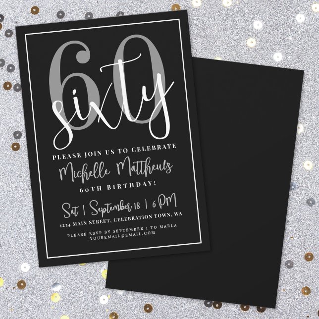 Modern Black 60. Geburtstagsparty Einladung (Modern Black 60th Birthday Party Invitation)