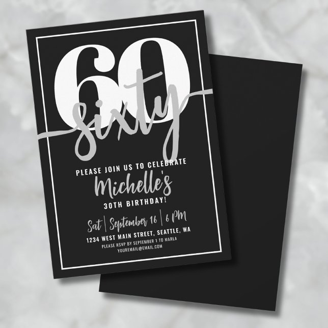 Modern Black 60. Geburtstagsparty Einladung (Modern Black 60th Birthday Party Invitation)