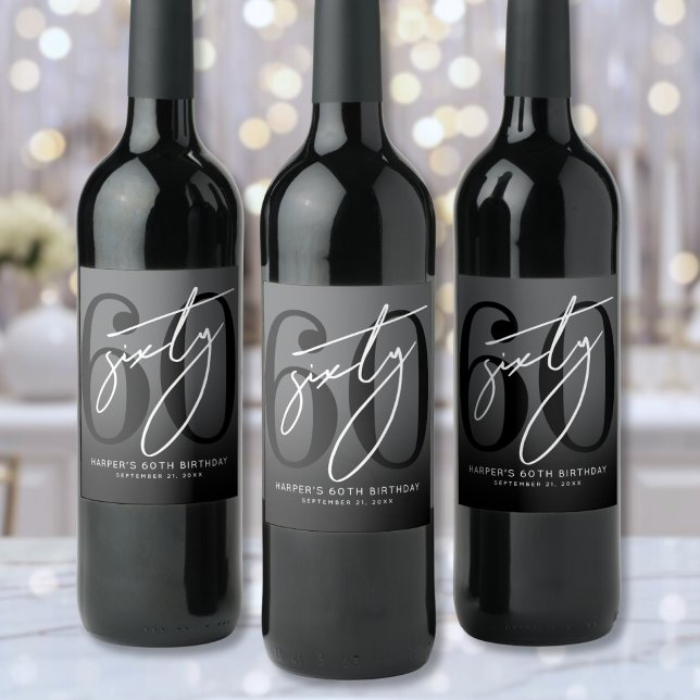Modern Black 60th Birthday Party Weinetikett (Modern Black 60th Birthday Party Wine Label)