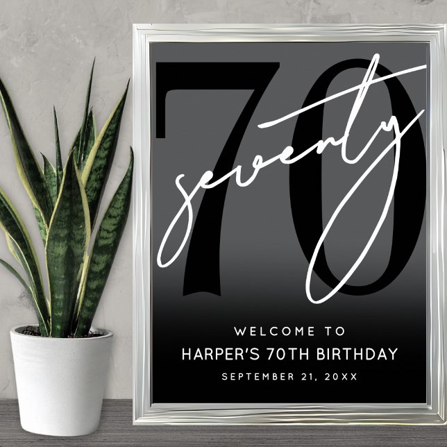 Modern Black 70th Birthday Party Welcome Sign Poster (Modern Black 70th Birthday Party Welcome Sign)