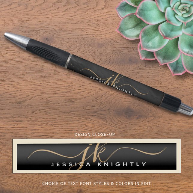 Modern Black Agate Gold Glitzer Script Monogram Kugelschreiber (Von Creator hochgeladen)