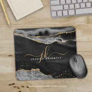 Modern Black Agate Gold Glitzer Script Monogram Mousepad