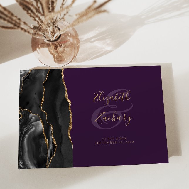 Modern Black Agate Gold Script Lila Gästebuch (Von Creator hochgeladen)