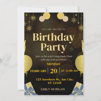 Modern Black and Gold Ballon Einladung Geburtstag