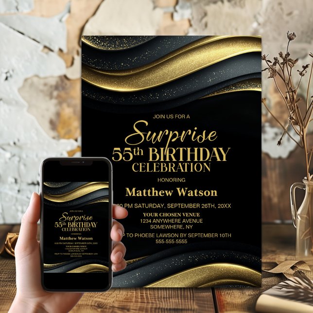 Modern Black and Gold Surprise 55th Birthday Party Einladung (Von Creator hochgeladen)