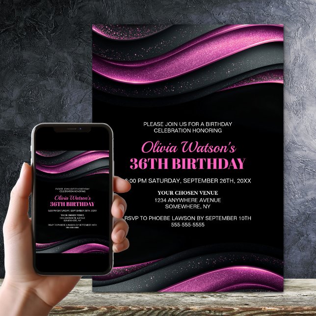 Modern Black and Pink Any Age Birthday Party Einladung (Von Creator hochgeladen)