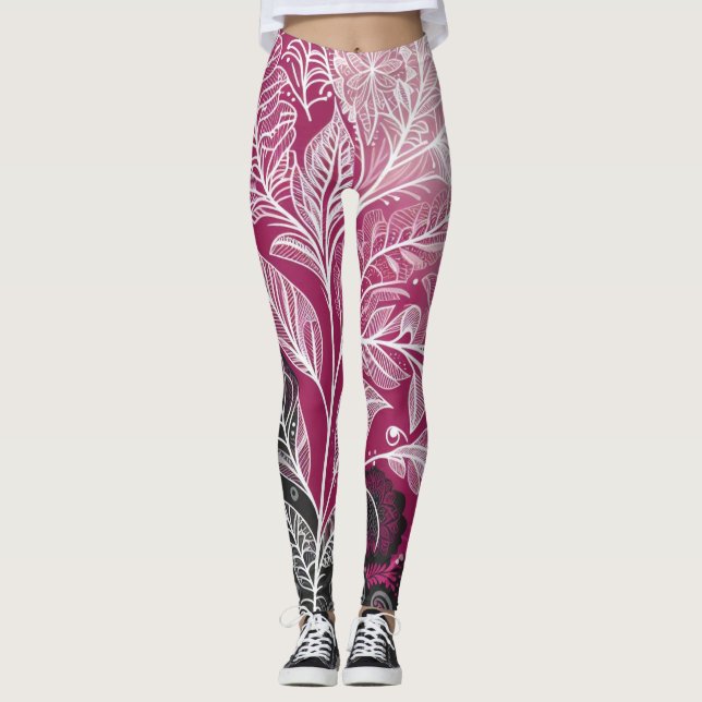 Modern Black and Pink Floral and Leaf Leggings (Vorderseite)
