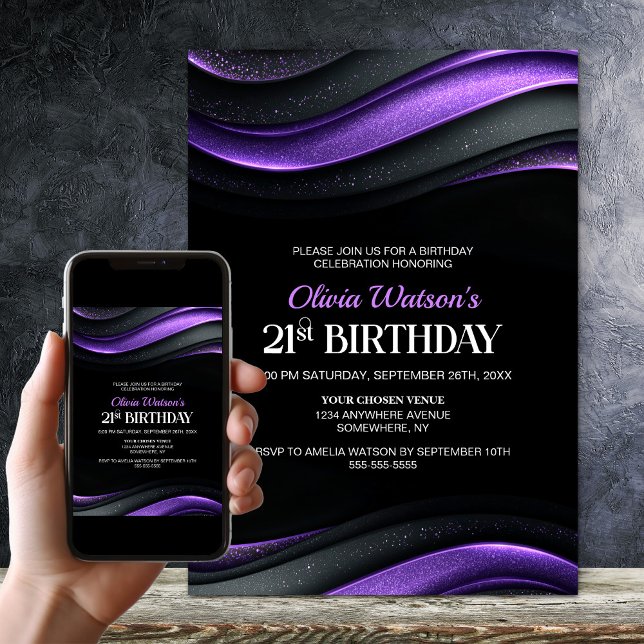Modern Black and Purple 21st Birthday Party Einladung (Von Creator hochgeladen)