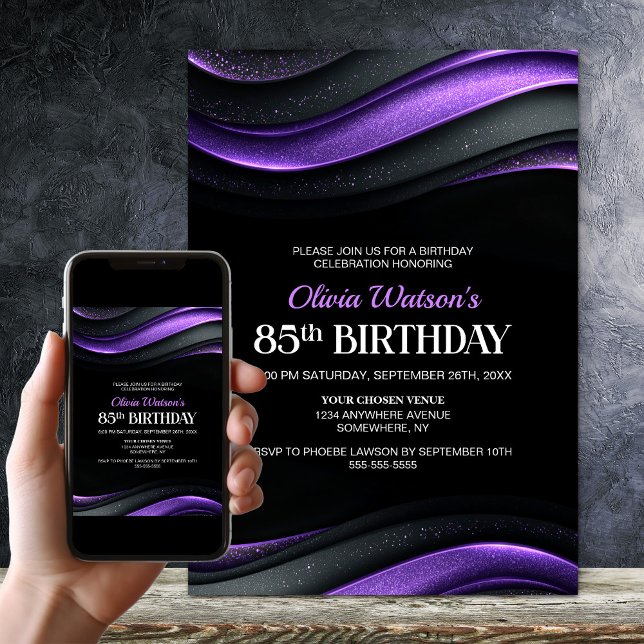 Modern Black and Purple 85th Birthday Party Einladung (Von Creator hochgeladen)
