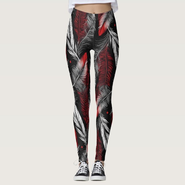 Modern Black and Red Feather Design Leggings (Vorderseite)