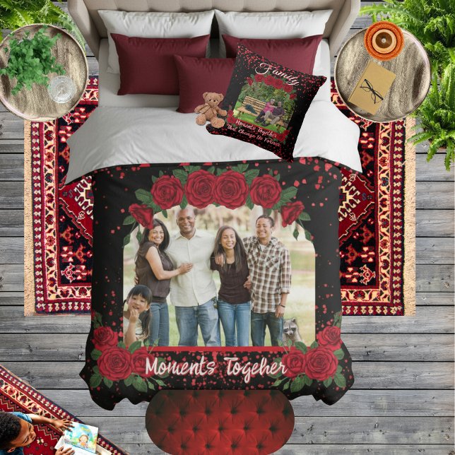 Modern Black and Red Roses Family Photo Typography Sherpadecke (Personalized modern black sherpa blanket with red roses and an elegant arch for your family photo)