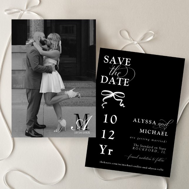 Modern Black and White Bow Photo Monogram Wedding Save The Date (Elegant black and white bow modern full bleed engagement photo unique monogram wedding save the date)