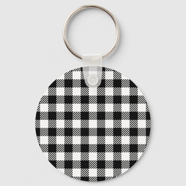 Modern Black and White Buffalo Check Gingham Schlüsselanhänger (Vorderseite)