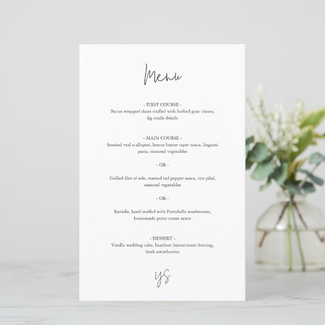 Modern Black and White Chic Wedding Menu (Stehend Vorderseite)