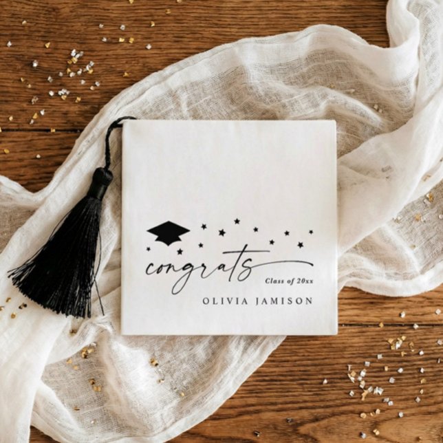 Modern Black and White Class of 2026 Graduation Serviette (Black and white personalized graduation napkins with script congrats, stars, class of 2026)