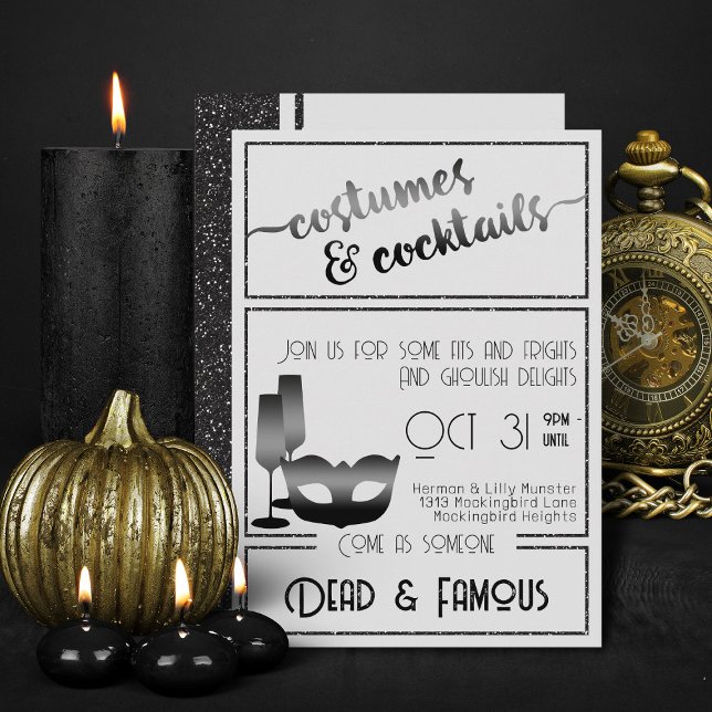 Modern Black And White Elegant Halloween Party  Einladung (Elegant Black And White costumes and cocktails halloween invitations)