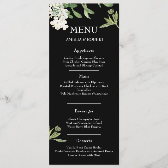 Modern Black and White Floral Wedding Menu Card Menükarte (Vorderseite)