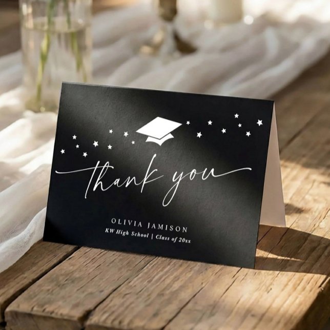 Modern Black and White Folded Graduation Dankeskarte (Black and white graduation thank you folded card with script and star accents)