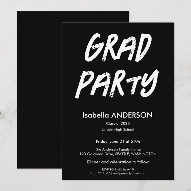 Modern Black and White Graduation Party Einladung (Vorne/Hinten)