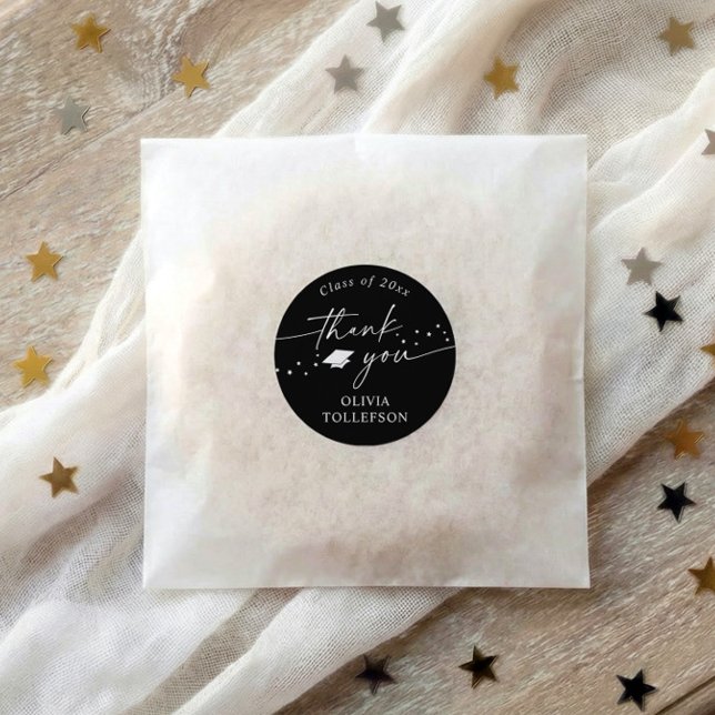 Modern Black and White Graduation Thank You Favor Runder Aufkleber (Black and white graduation thank you stickers with modern script and minimalist design)